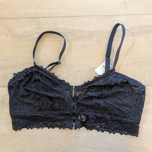 Aerie Black Lace Bra XL NWT No Padding Gold Ring Front Clasp - Picture 1 of 6